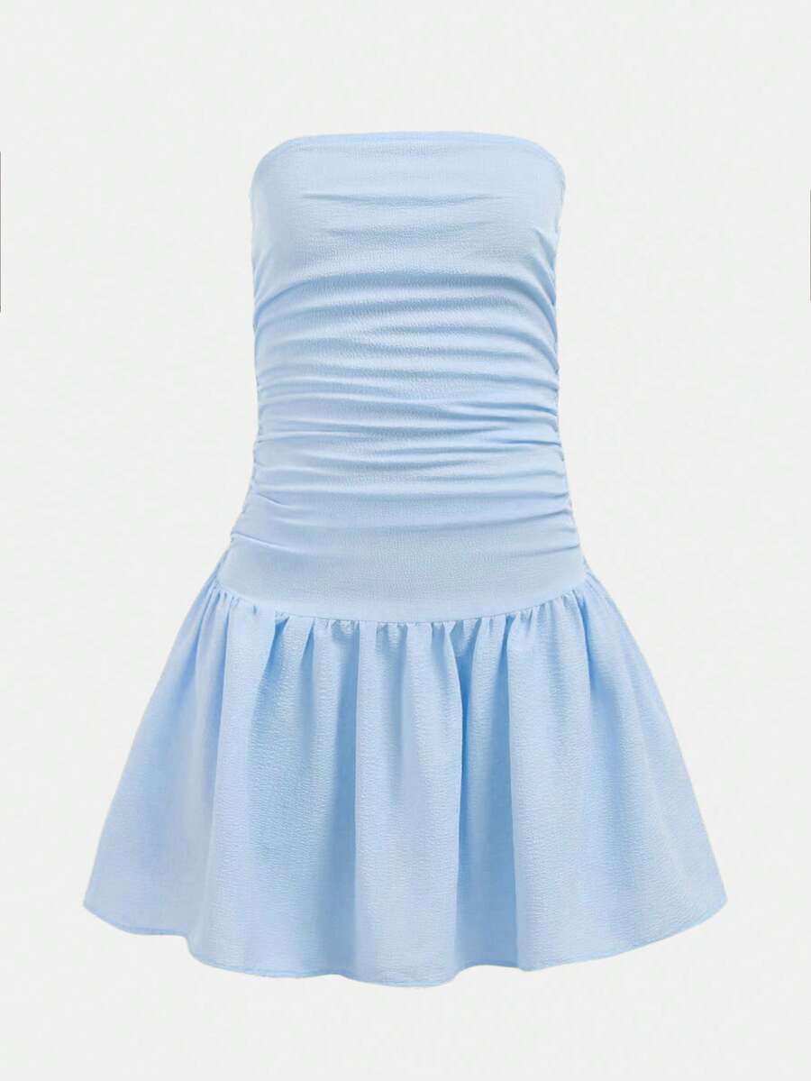 SHEIN Girlism Tween Girl Casual Minimalist Comfortable Pleated Design Sleeveless Puff Dress - Baby Blue - View 1