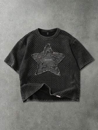 Herren gewaschenes T-Shirt mit Distressed-Effekt, Stern-Applikation und Stickerei