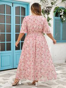SHEIN CURVE+ Plus Size Elegant Small Ditsy Floral Round Neck Casual Garden Party Dress - Pink - View 2