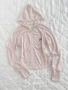 Elamini Women's Pink Striped Long Sleeve Hooded Bow Print Lightweight Jacket, Suitable For Daily Outings, Preppy Style, Vacation Style - Pink - View 7