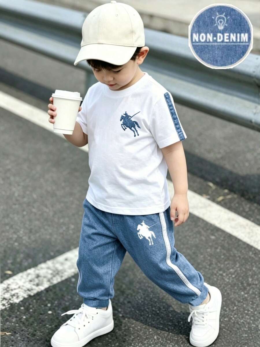 SHEIN Playful Pals 小男孩新款休閒舒適時尚帥氣極簡Logo圖案印花短袖上衣與設計感極簡印花休閒運動長褲套裝 - 彩色 - 查看 1