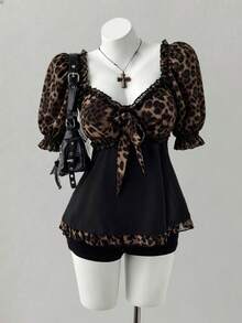 Sunspun Fashionable Sexy Leopard Print Lace-Up Crop Top - Black - View 1
