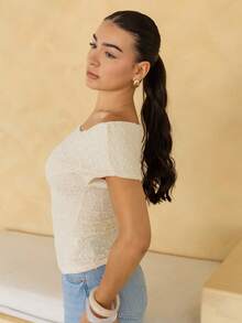 Andrea Bello 白色夏季優雅度假女款上衣，不對稱肩褶皺紋理上衣，休閒短袖節慶派對海灘，Y2K - 杏色 - 查看 6