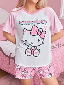 HELLO KITTY AND FRIENDS | SHEIN Set Piyama Wanita: Kaos Lengan Pendek Raglan dengan Motif Huruf dan Celana Pendek - Berwarna merah muda - View 6