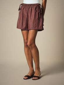 KSTM Linen Feel Drawstring Waist Loose Fit Mini Shorts With Elastic Waistband Side Tie Detail Summer Casual Holiday Vacation Burgundy - Brown - View 6