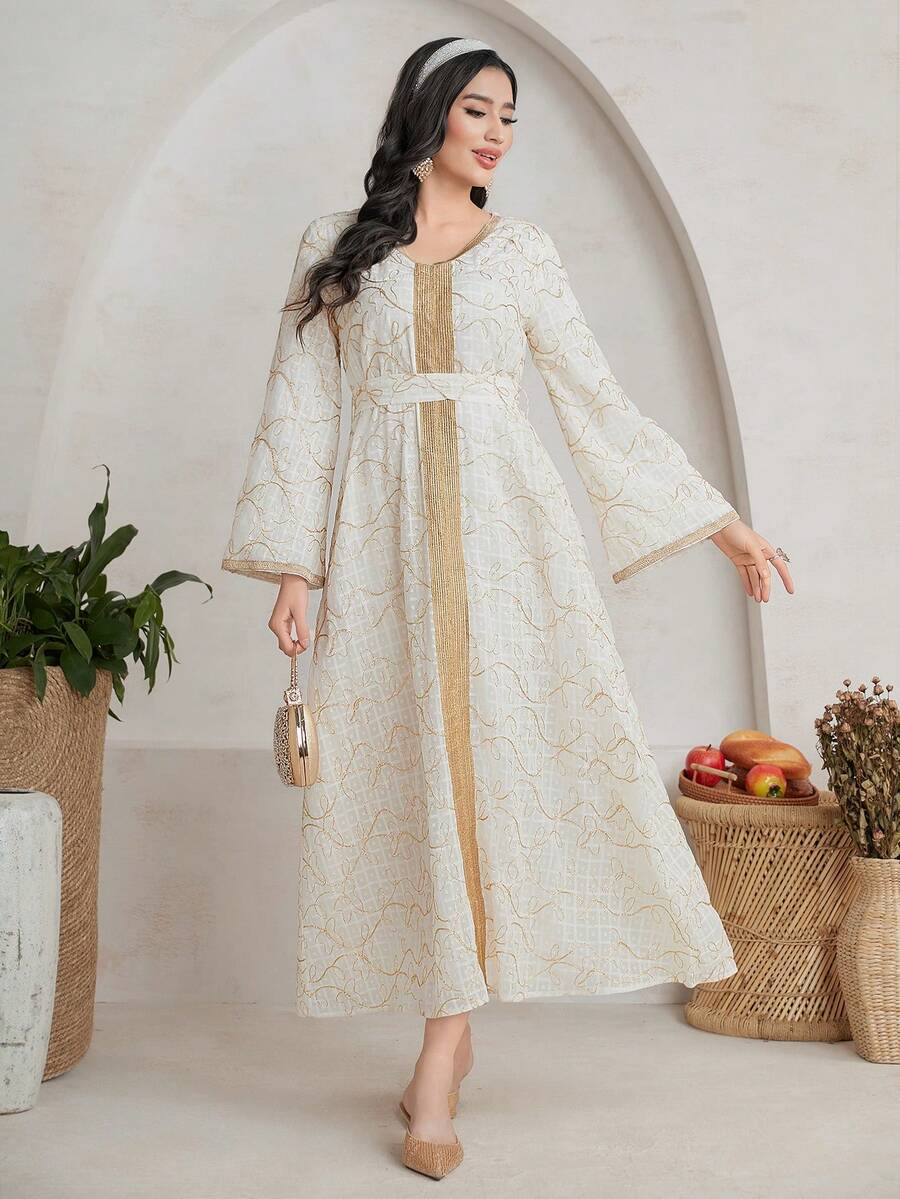 Al Najma 女士刺繡荷葉袖土耳其長裙 - 杏色 - 查看 1