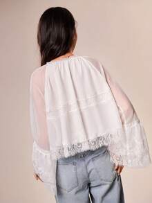 Willow Rêve 女款米色圓領荷葉邊蕾絲長袖襯衫，波希米亞風，度假浪漫風，情人節 - 米色 - 查看 5