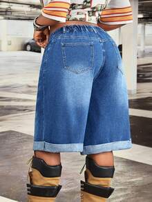 Slaydiva Shorts de mezclilla azul de pierna ancha y corte A para mujer talla grande, primavera/verano, para uso al aire libre y desplazamientos, con múltiples bolsillos y aberturas laterales - Azul lavado medio - Ver 2