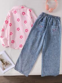 SHEIN Elladie kids 2件組女童條紋長袖上衣與寬鬆淺藍色牛仔褲，甜美休閒套裝，適合春秋日常穿著 - 粉色 - 查看 2
