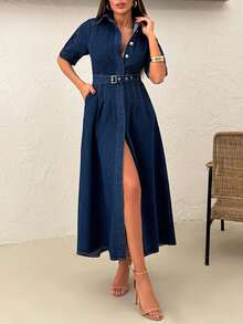 EURMUSE Vestido largo de mezclilla rígido con detalles de falda con volantes - Azul lavado oscuro - Ver 3