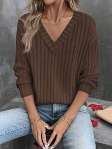 EMERY ROSE Women's Solid Color V-Neck Casual Versatile Daily Long Sleeve T-Shirt - Coffee Brown - View 4