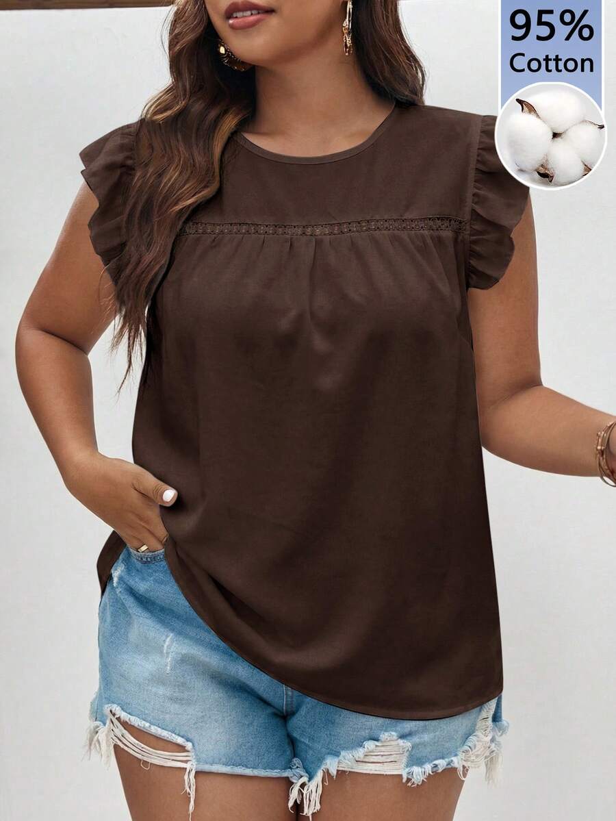 SHEIN Frenchy 女款 100% 純棉鏤空刺繡荷葉邊圓領蕾絲 T-shirt，夏季白色休閒西式風格