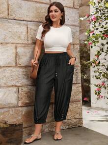 EMERY ROSE Plus Size Casual Tapered Leg Drawstring Waist Side Patch Pockets Cropped Pants - Black - View 8