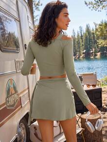 Exploreva Exploreva Women's Sexy 2-Piece Set, Sexy Bomb Style Fitted Top Paired With Sweet One-Piece Wrap Skirt, Suitable For Sports, Daily Life, Tennis And Other Occasions, Solid Color 2-Piece Set, Spring Style - Green - View 7