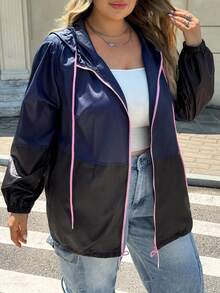 SHEIN CURVE+ Plus Size Women's Colorblock Hooded Drawstring Zip-Up Casual Jacket, Autumn/Winter Fall, 2026 22W - Multicolor - View 4
