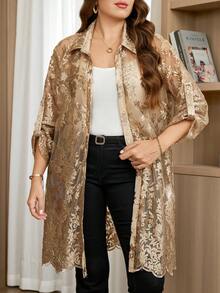 Reflora Plus Size Women's Floral Mesh Ruffle Sleeve Long Elegant Blouse - Khaki - View 5