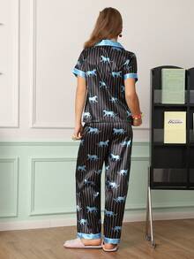 Chillnights Women's Striped Leopard Print Colorblock Lapel Satin Short Sleeve Long Pants Pajama Set - Black - View 2