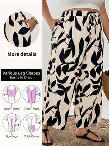 SHEIN CURVE+ Plus Size Women's Drawstring Waist Leaf Print Casual Versatile Daily Wear Wide Leg Pants - Apricot - View 1