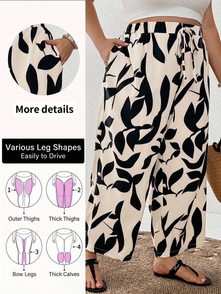 SHEIN CURVE+ Plus Size Women's Drawstring Waist Leaf Print Casual Versatile Daily Wear Wide Leg Pants - Apricot - View 1
