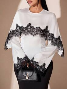 Veilorie Plus Size Women Lace Patchwork Casual Versatile Daily Wear Blouse Fall - White - View 1