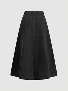 SHEIN MOD 女款鈕扣百褶休閒百搭牛仔裙，日常度假穿搭 - 黑色 - 查看 2