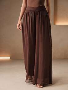 Anewsta Summer Vacation Style V-Neck Pleated Waist Drape Chiffon Wide Leg Culottes Long Pants, Suitable For Vacations, Trips And Commuting - Brown - View 5
