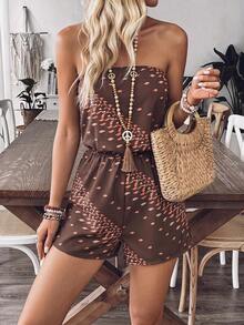 Brillora Vacation Woven Striped Print Bandeau Jumpsuit For Women - Brown - View 13