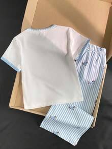 SHEIN Elladie kids 2件/套基礎休閒慵懶純色套裝，馬印花，不對稱下擺，側面抓皺設計，圓領短袖T恤，搭配黃色條紋紋理布料直筒長褲，適合日常/外出等多種場合，春季/夏季/四季皆宜 - 藍色 - 查看 2