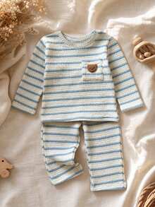 SHEIN Baby Boy Striped Waffle Knit Set, Cute Teddy Bear Pocket Long Sleeve T-Shirt & Pants 2pcs Outfit, Infant Toddler Casual Autumn - Baby Blue - View 2