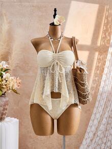 Swim Mod Setelan Pakaian Renang Wanita Elegan untuk Liburan Musim Panas, Atasan Bikini Halter Berkerut Depan dari Kain Rajut Jacquard Warna Polos dengan Efek Pelangsingan dan Bawahan Bikini Segitiga Biasa - Aprikot - View 4