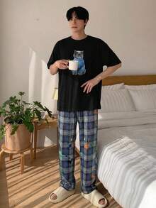 DAZY Men's Round Neck Cat Print Short Sleeve Top And Plaid Long Pants Casual Daily Home Wear Set - Multicolor - View 5