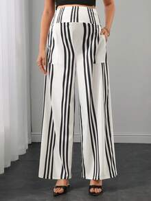 SHEIN European And American Style Black And White Striped Print Repeated Pocket Elastic Waist Loose Straight Leg Maternity Pants Suitable For Daily Wear - Multicolor - View 3