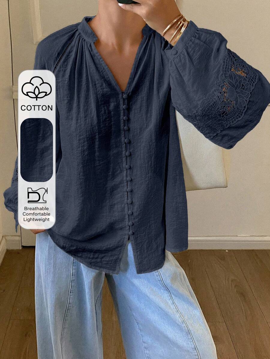 DAZY Women's Casual Loose Stand Collar Button Lantern Sleeve Contrast Lace Blouse, Suitable For Vacation In Autumn Long Sleeve Women - Navy Blue - View 1