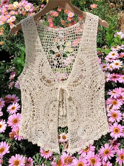 SHEIN MOD Plus Size Crochet V-Neck Tie-Up Cardigan Top, Apricot Hollow Out Thin Cardigan, Vintage Hollow Out Top, Country Concert