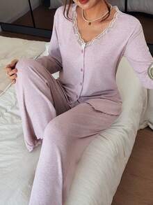 DAZY Women's Comfortable Lace Patchwork Single-Breasted Long Sleeve Top And Casual Long Pants Pajama Set Fall - Purple - View 1