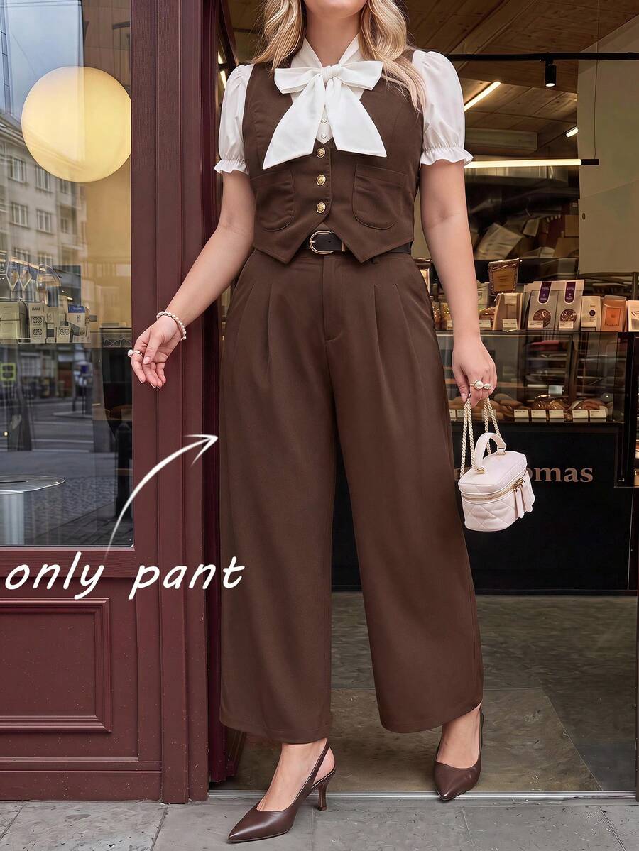 SHEIN MOD Celana Panjang Wanita Ukuran Besar Model Lebar Gaya Retro Warna Khaki dengan Sabuk Kulit untuk Musim Gugur/Dingin - Coklat - View 1