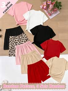 (Random 5 Sets, Send 3 Sets) Summer Girl's Big Boy Grid Ripple Dot Leopard Pattern Love Butterfly Print Basic Short T+Shorts Set Six Piece Set - Multicolor - View 2