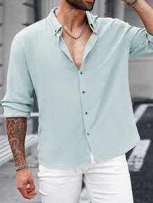 Manfinity CasualCool Men's Plus Size Casual Versatile Solid Color Shirt - Green - View 4