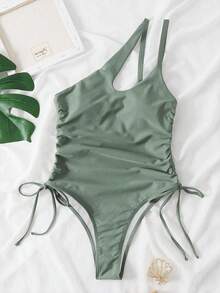 Swim SXY Traje de baño sexy de un solo hombro con recortes para mujer de talla grande, verde menta con cordón para estilizar y ocultar, traje de baño térmico para resort de primavera - Verde militar - Ver 8