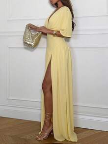 Ronhire Women's Solid Yellow/Cream Deep V-Neck High Slit Fitted Mesh Dress, Spring/Summer - Light Yellow - View 5