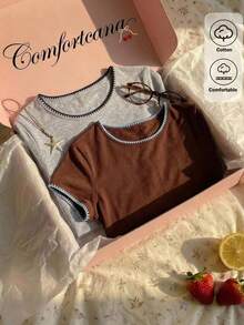 Comfortcana 女款夏季休閒拼接飾邊T恤2件組 - 彩色 - 查看 1