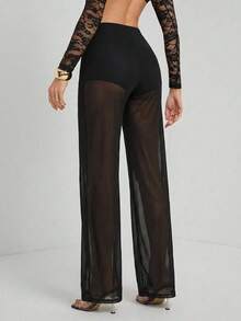 SHEIN Tall 女款黑色透視網紗優雅上班長褲 - 黑色 - 查看 2