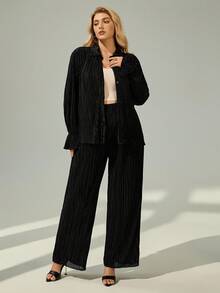 Shapeblank Plus Flounce Sleeve Shirt & Wide Leg Pants Fall - Black - View 2