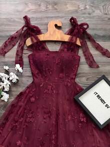 SHEIN Raffinéa 优雅蕾丝提花连衣裙 - 酒紅色 - 查看 4