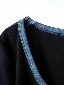 EMERY ROSE Nuevo conjunto de 2 piezas de top de manga corta y pantalones largos con estampado de mezclilla y ribete de contraste, ajuste ceñido para mujer, adecuado para el uso diario, vacaciones y el lugar de trabajo - Negro - Ver 6