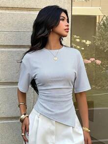 Aloruh 女款休閒抽繩收腰抓皺不對稱下擺 T-shirt，簡約浪漫復古藍白條紋印花，通勤夏季款 - 白色 - 查看 3