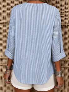 EMERY ROSE Women's Striped V-Neck Casual Versatile Daily Wear Shirt - Blue - View 2