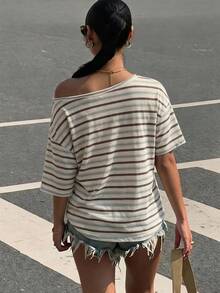 Muchica 女款休閒復古露肩寬鬆T恤，美式復古條紋T恤，復古Y2K風格，適合日常通勤、約會、派對、秋冬春夏、聖誕節、新年、感恩節、派對、婚禮、海灘、畢業、時尚、優雅、休閒、外出、約會、約會、通勤等場合的大尺碼T恤 - 彩色 - 查看 2
