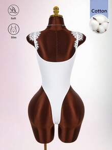 Amplova Solid Color Lace Trim Patchwork Cup Underwire Strap Short Sleeve Sexy Elegant Women's Bodysuit Night Out White Summer - White - View 7