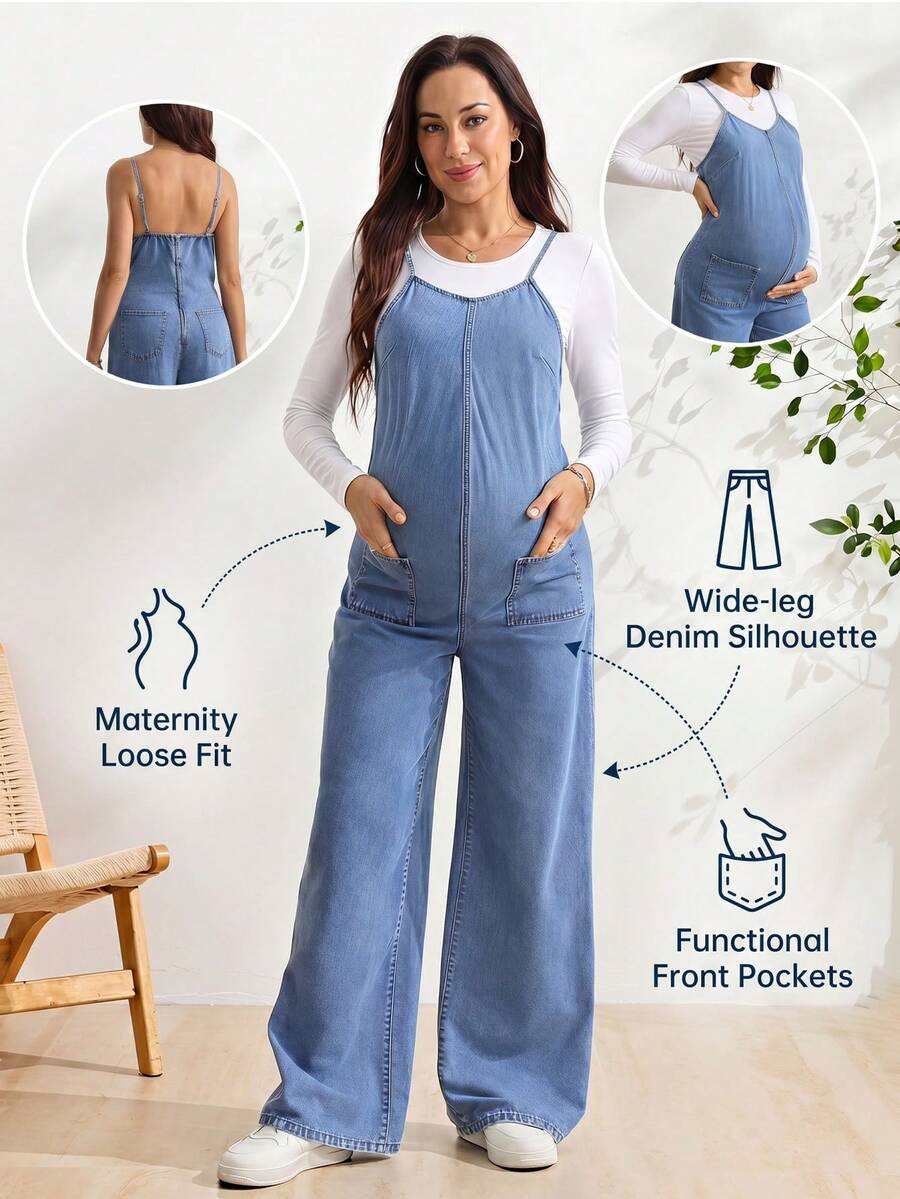 SHEIN 孕婦休閒日常牛仔連身褲 - 中等水洗藍 - 查看 1